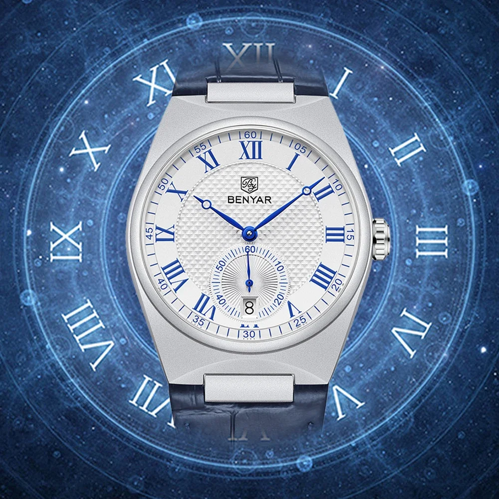 BENYAR Business Men Roman Numerals Quartz Watches Luxury Waterproof Sports Leather Wristwatches Relogio Masculino BY5199