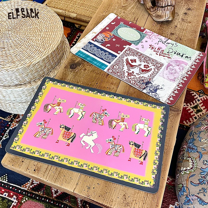 

ELFSACK 2025 Autumn New Arrivals Vintage Red Pony Print Placemat Set Heat Resistant Table Mat Kitchen Dining Decor For Woman