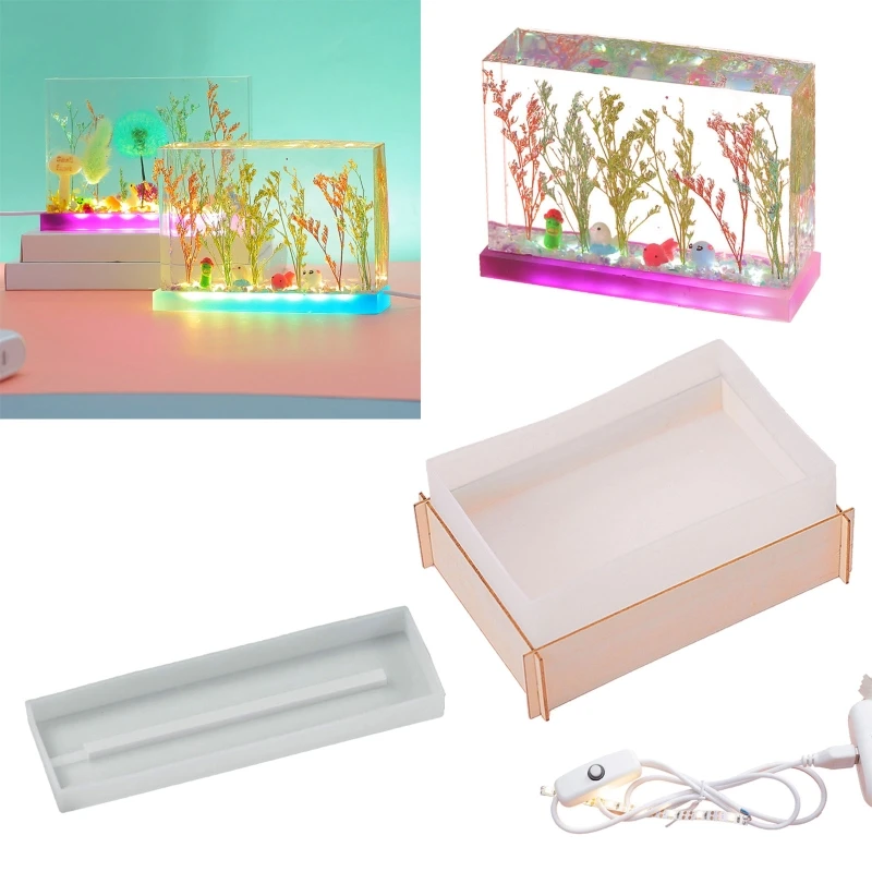 Epoxy Resin Casting Mold Kit Rectangular Silicone Mold for DIY LED Light Ornaments Lamp Shade Light Base with USB Cable