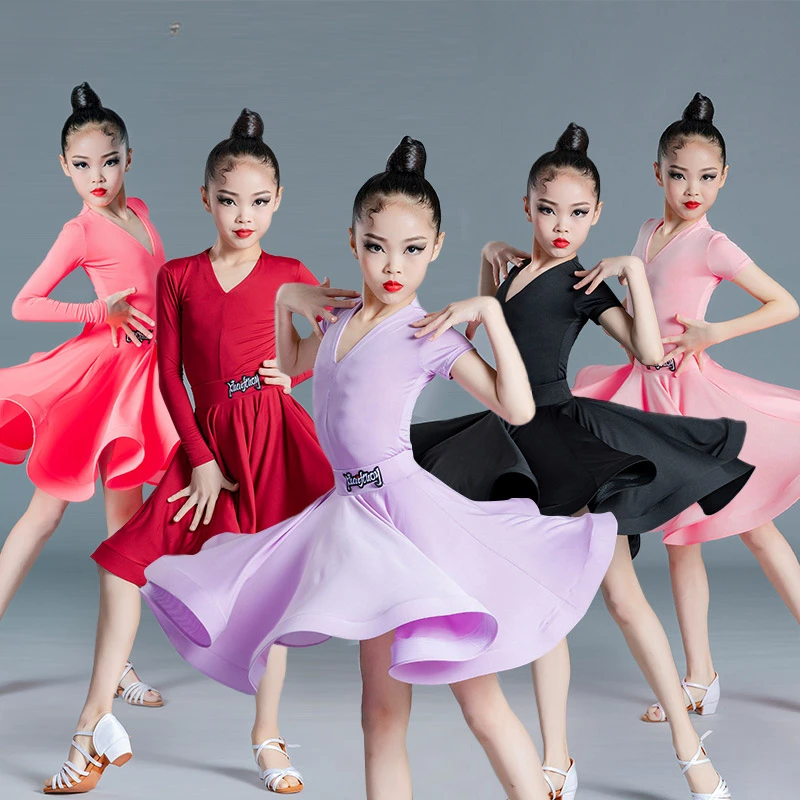 2024 New Children's Latin Dance Dress Girls' Dance Practice Dress Latin Dance Dress Long Sleeve Competition Split  Women's Perfo