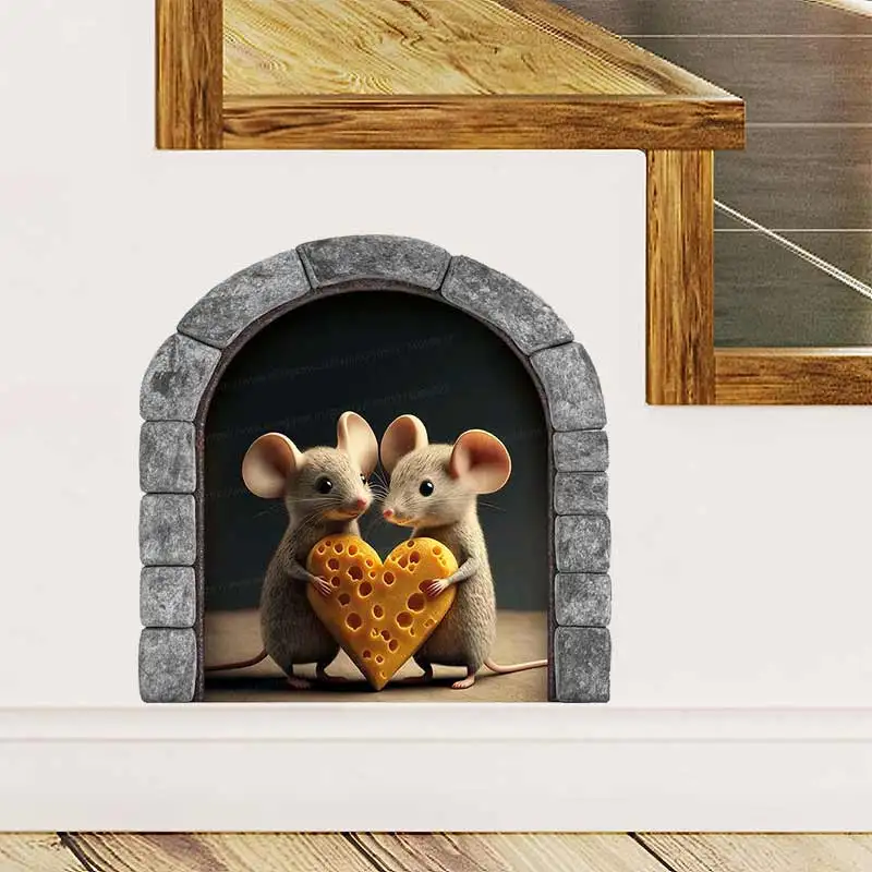 Mouse Hole Sticker, Wall Decal, Skirting Board Sticker, Cute Mice With Heart Cheese, Funny Kitchen Home Decoration Decals M1437