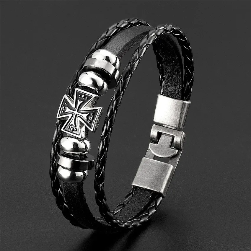 Alloy Cross Bead Design Handmade Wove Multilayer Leather Bracelet Vintage Casual Men Fashion Hand Chian Jewelry Accessory Gift