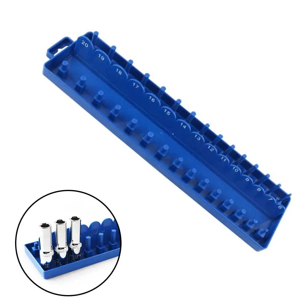 3/8 Inch Metric Socket Wrench Head Storage Organizer Plastic Socket Tray Rack Holder Blue Tool Storage