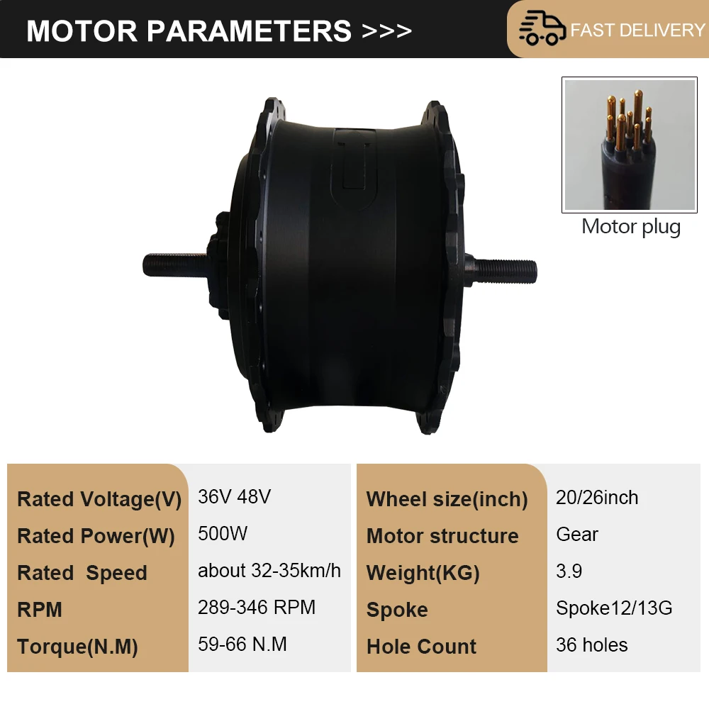 E-bike Snowbike Motor Brushless Gear 36V48V 500W Front Rear Rotate/Cassette 4.0 Fat Tire 20 26 Inch Wheel 135-142mm 170/190mm