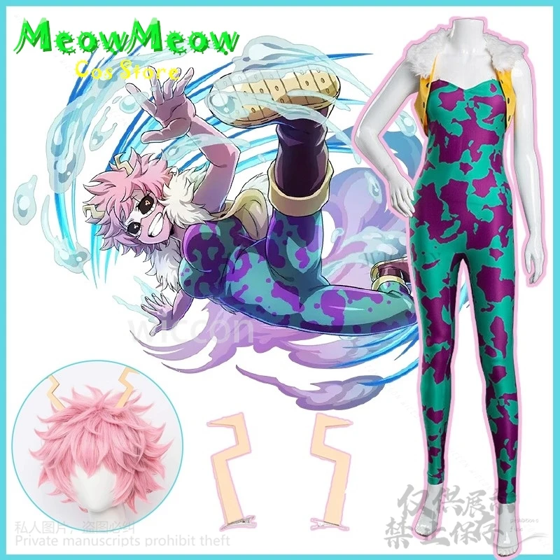 Anime My Hero Academy Cospaly Ashido Mina Costume Cos Printing Tight Fitting Jumpsuit Furry Sexy Pink Wigs Halloween Christmas