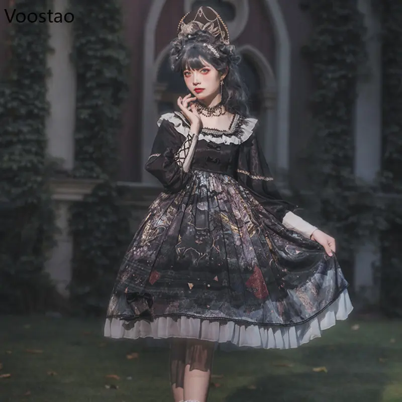 Japanse gothic lolita prinsessenjurk vrouwen vintage victorian dark forest party jurken meisjes harajuku elegante jurk met lange mouwen