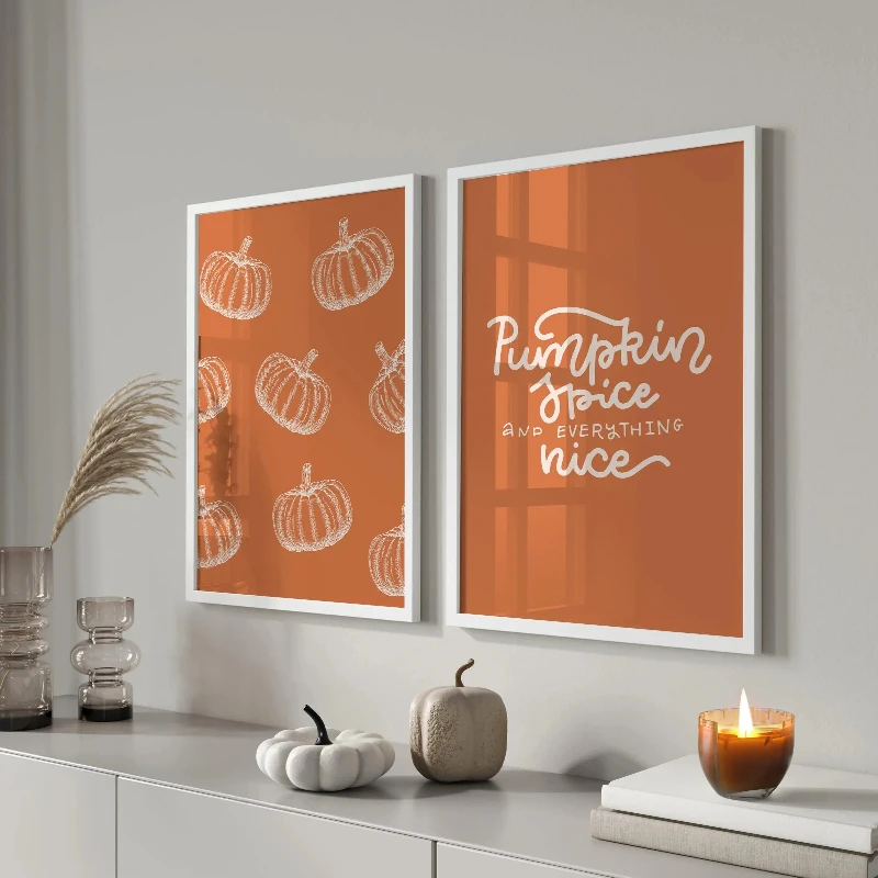 2pcs frameless Canvas Painting 2PC Pumpkin Spice and Everything Nice Wall Art Autumn Home Decor Cozy Fall Printable Pumpkin Deco