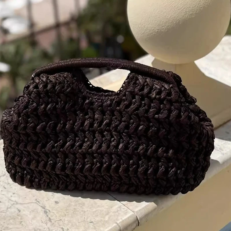 

Women's Elegant Trapezoid Shape Handbag, Vintage Frame Kiss Lock Clutch, Curved Handle Large Straw Bag For Beach Vacation Work