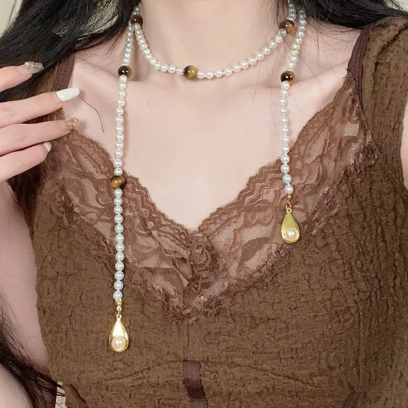 

Длинный тигровый глаз, жемчужное ожерелье, модная цепочка для свитера, универсальный аксессуар для женщин, ювелирные изделия Ele Sli