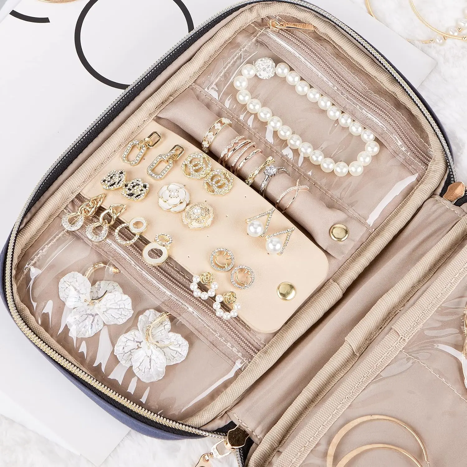 Travel Jewelry Case, Holiday Organizer for Necklaces, Earrings, Rings, Bracelets, Watch, Aegean-Blue