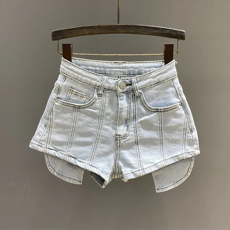 [zoci] Pocket Leakage Design Denim Shorts Women 2024 Summer New Elastic Tight Fit A-line Hot Pants Girls