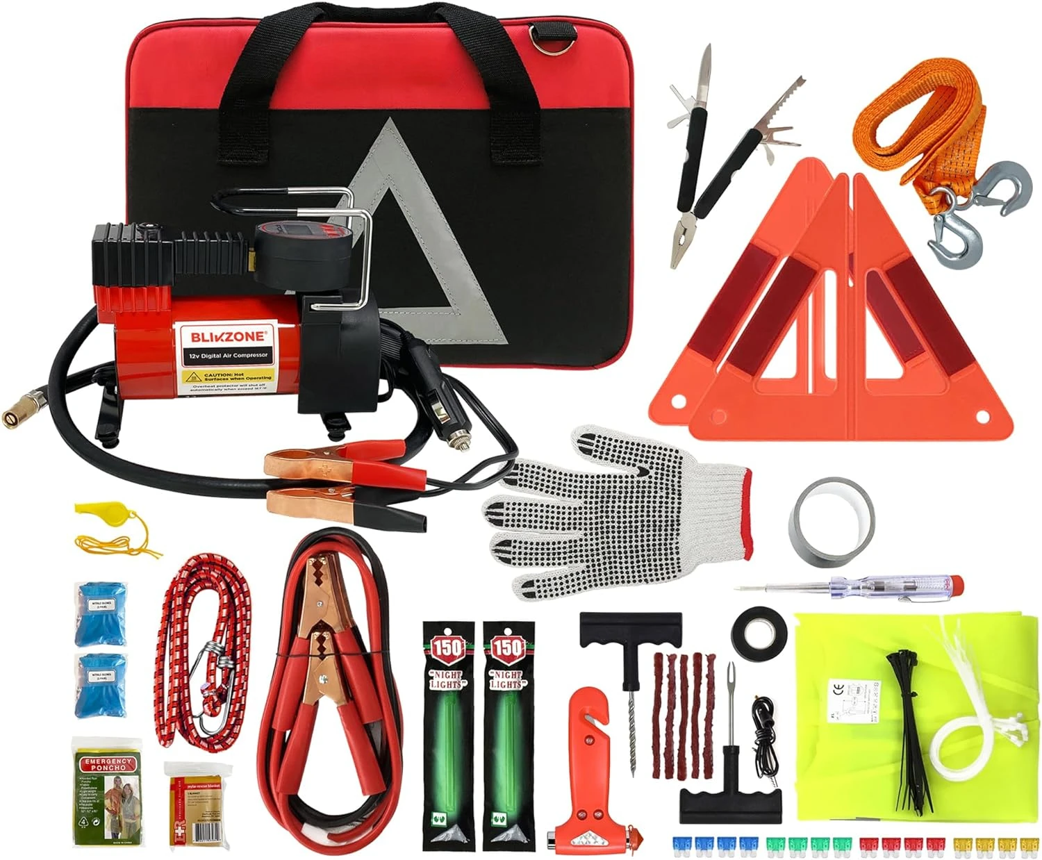 Emergency Kit for Vehicles Road Trip, Car Essentials with Tire Repair Kit, Jumper Cables, Heavy Duty Digital Air Compressor