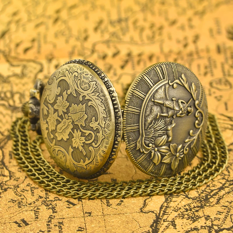 Vintage Bronze Pattern Hunter With Dog Pattern Male And Female Students Gift Quartz Necklace Pocket Watch