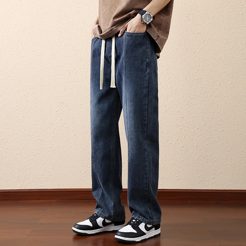 High Quality Men's Drawstring Jeans Casual Wide Leg Cotton Denim Pants Spring Autumn Streetwear Elastic Waist Straight Trousers