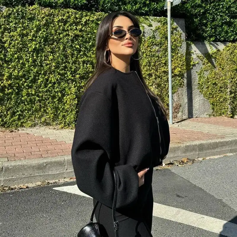 MUJER Zwarte Bomber Voor Rits Varsity Vrouwen Zachte Cropped Jassen Vrouw 2026 Lange Mouw Winterjas Vrouwelijke