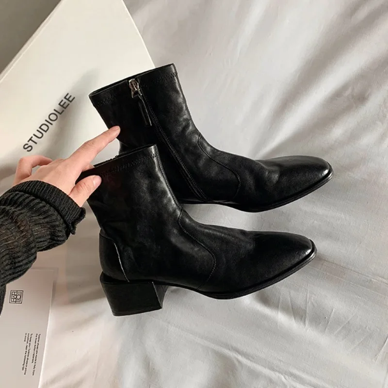 

Thin Short Boots Women's Spring/Autumn New Thick Heel Mid Heel Plush Elastic Socks Boot Naked Boot Black Single Shoe High Heels