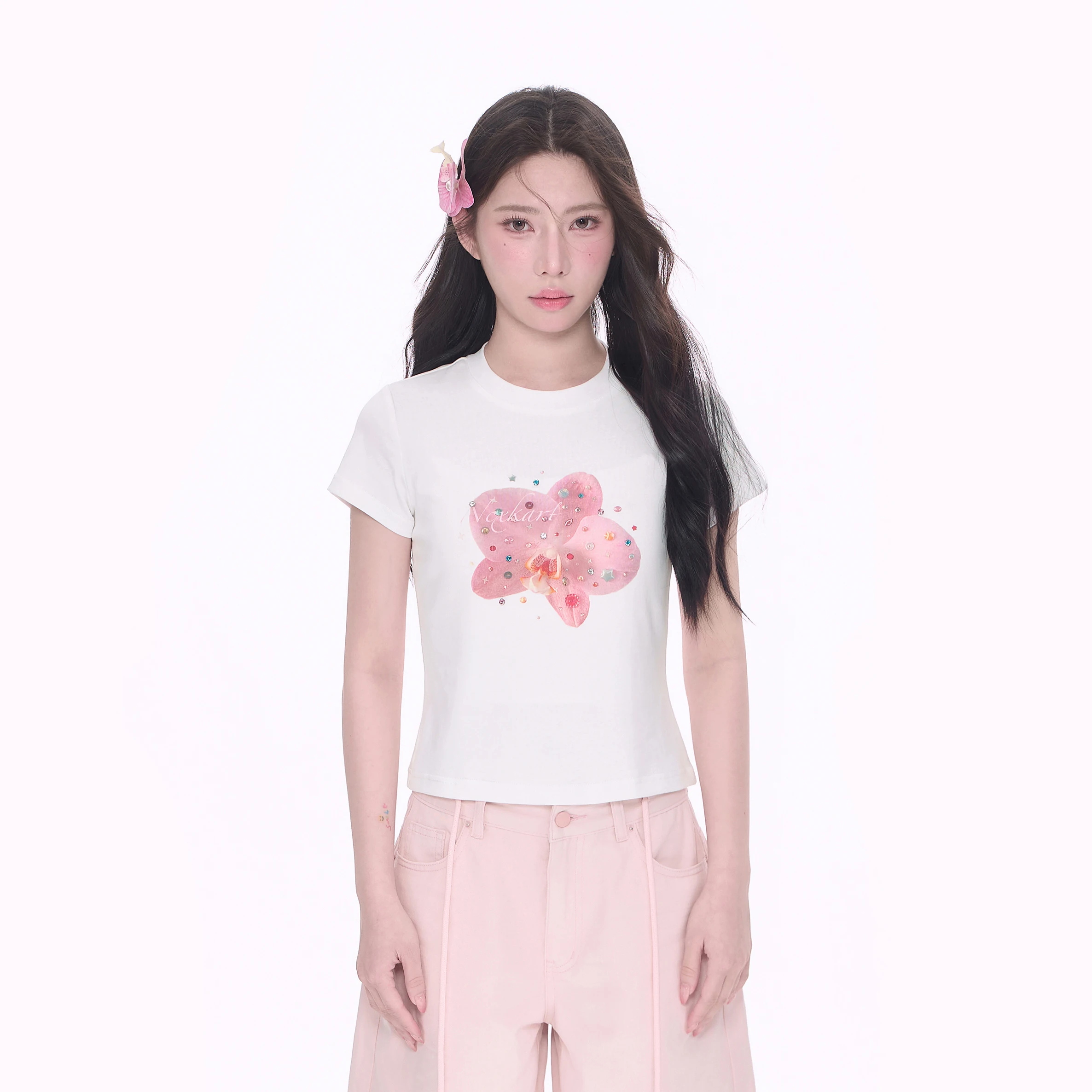 

NCXK Gem Floral Print ort Sve Футболка женская Slim Fit Sweet And Spicy Sle Cotton Blend Summer Faion Повседневная круглая футболка Ne...