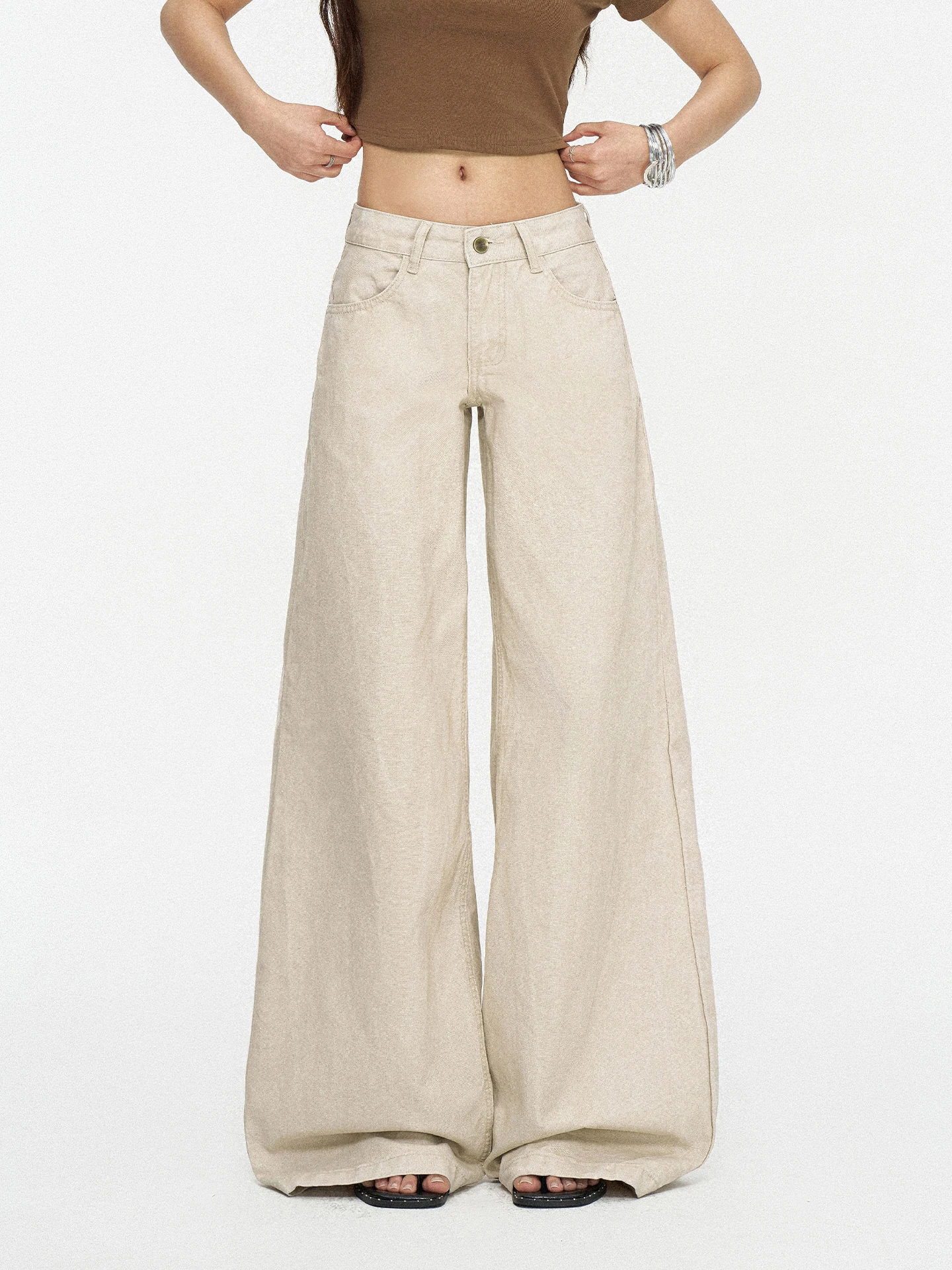 TGXQ American Style Faded Apricot Denim Pants Women's Low Waist Slimming Loose Floor-Length Wide Leg Casual Trousers