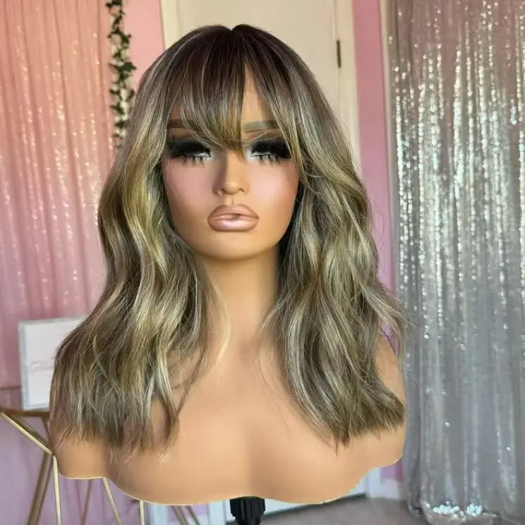 

Synthetic Lace Front Wig Dark Blonde Brown Wig Body Wave Wig With Bangs Natural Wavy Wig Preplucked Hairline Brown Soft Lace Wig