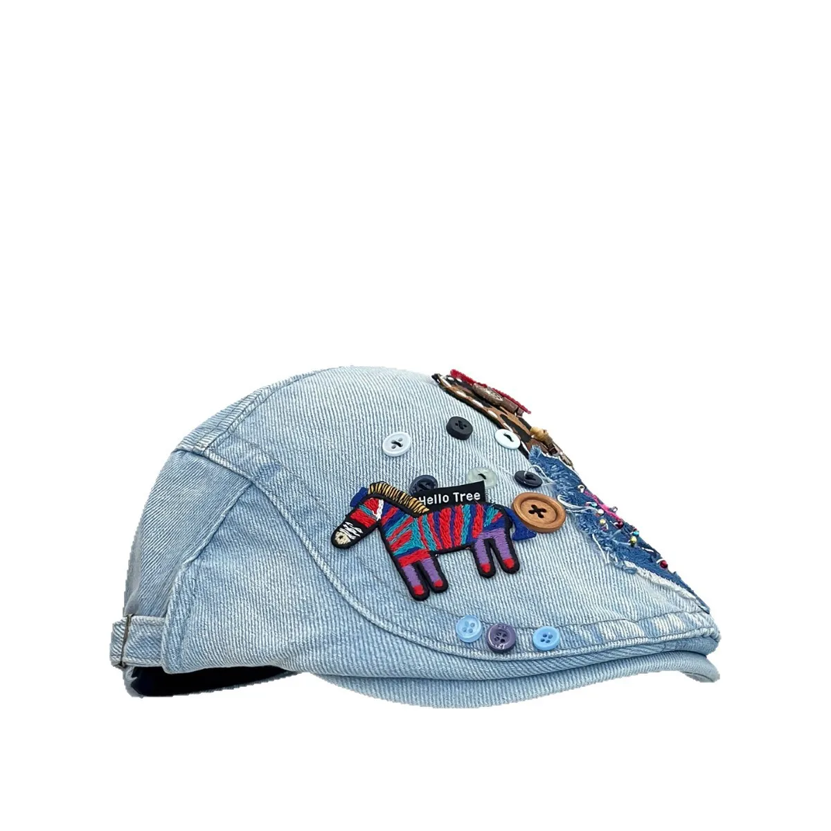 Retro Personalisierte Denim-Baskenmütze mit Stern-Design und Aufnähknöpfen für Damen, Y2K Frühling Herbst Lässige Vielseitige Achteckige Mütze – Detail 5
