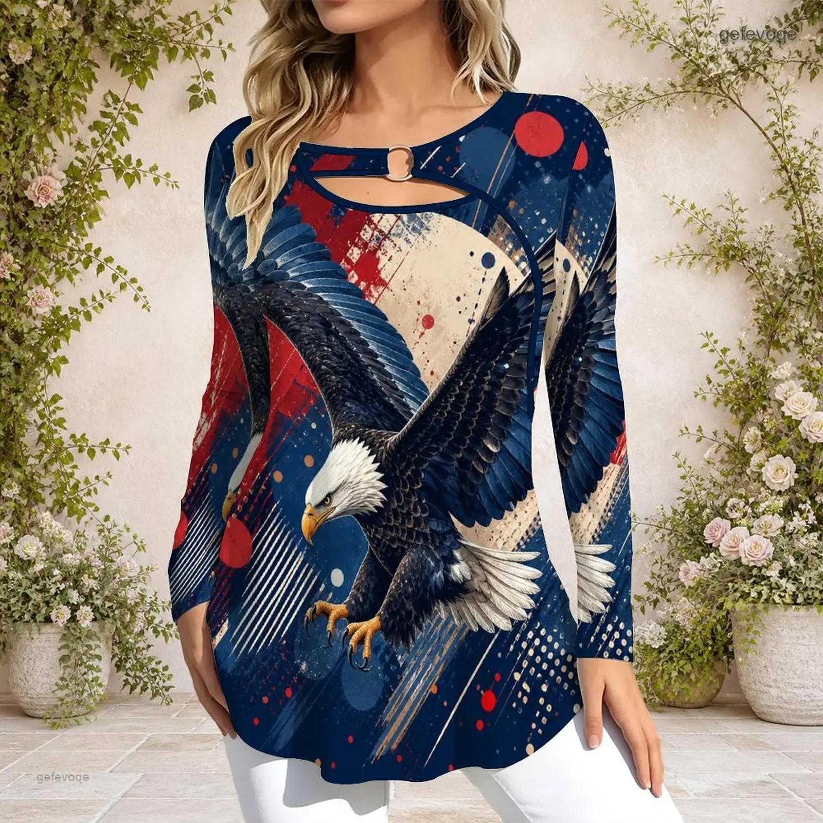 Women Top with Print Keyhole Ring Neck Long Sleeve Flared Hem