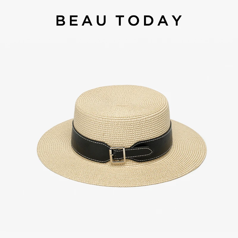 BEAUTODAY Straw Hats Women Leather Metal Buckle Casual Summer Sunshade Ladies Fashion Beach Cap Handmade 96505