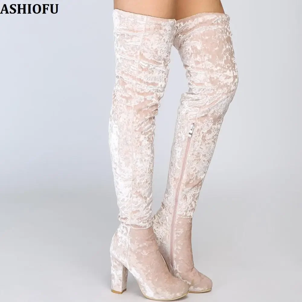 ASHIOFU 2025 Handmade Womens Thigh High Boots Snow-flakes Winter Boots Chunky Heel Club Evening Party Fashion Long Boots Shoes