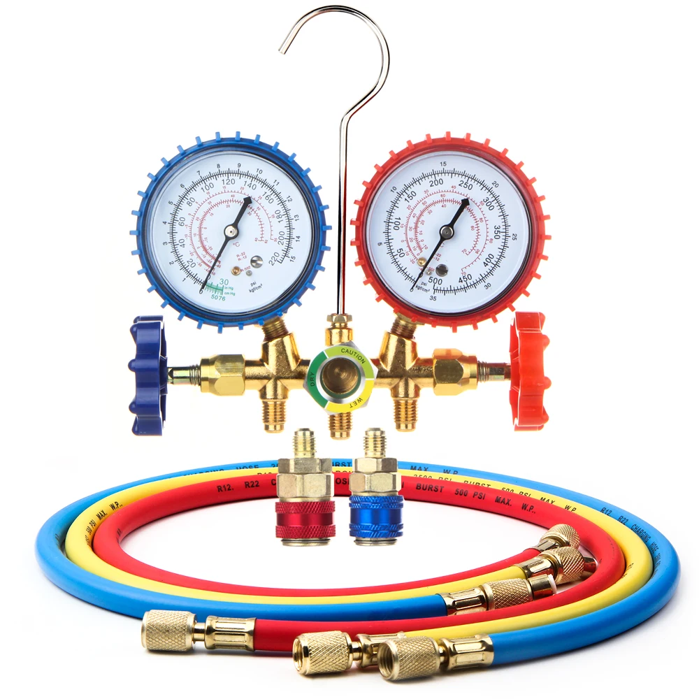 Air Conditioning Pressure Gauge with Hose and Hook 3 Way AC Diagnostic Manifold Gauge Set for Freon For R12 R22 R404A R134a