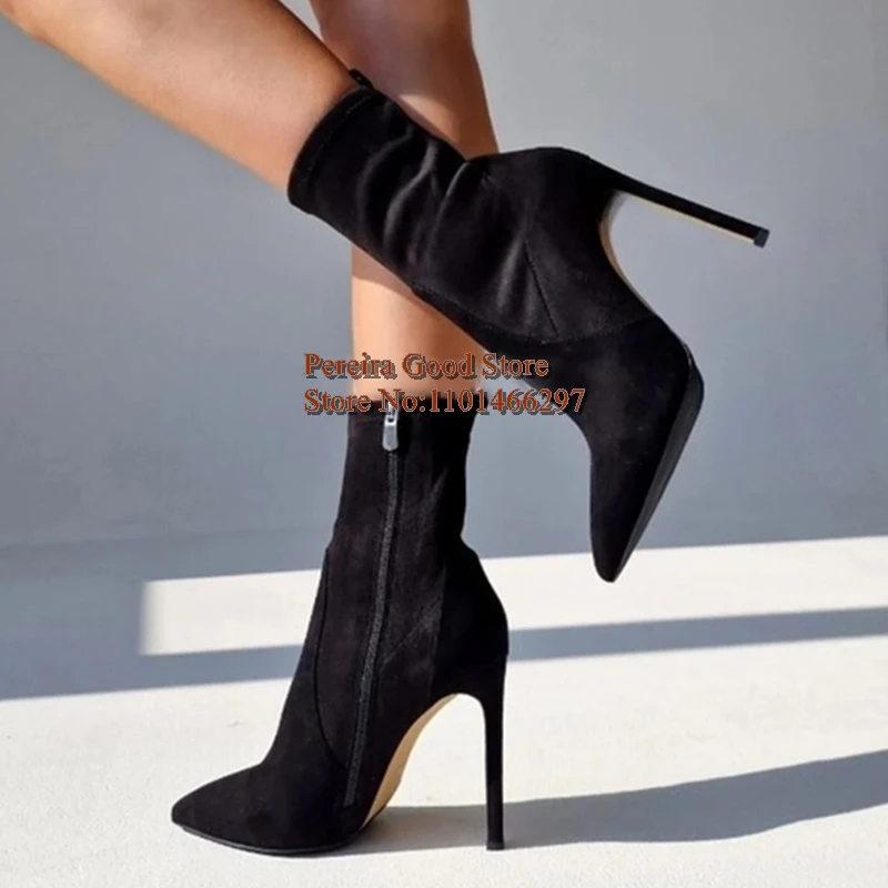 Black Matte Leather Stiletto Heel Middle Calf Boots Pointy Toe Zipped Stretch Suede Cloth Short Booties Female Modern Footwears