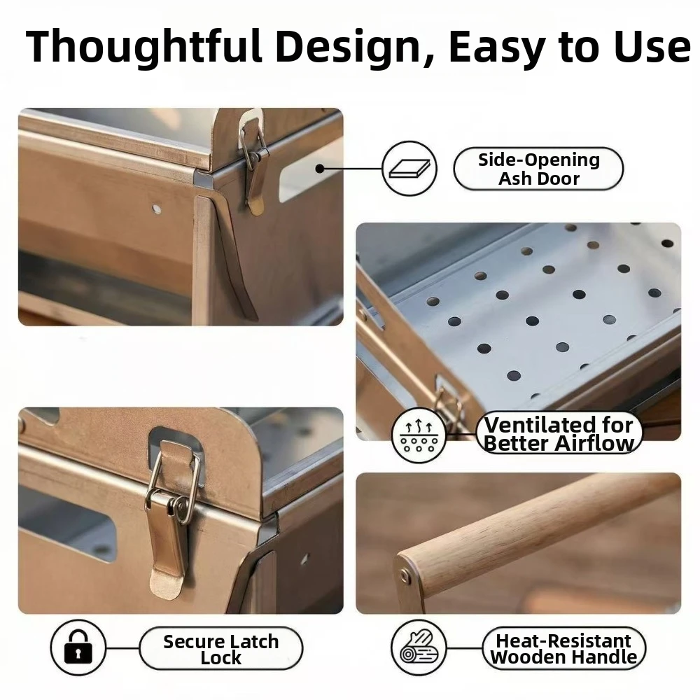 Folding 360° Rotating Steel Grill Wood Handle Ventilation Holes Portable Flip Charcoal Grill Rust‑Proof Heat‑Resistant