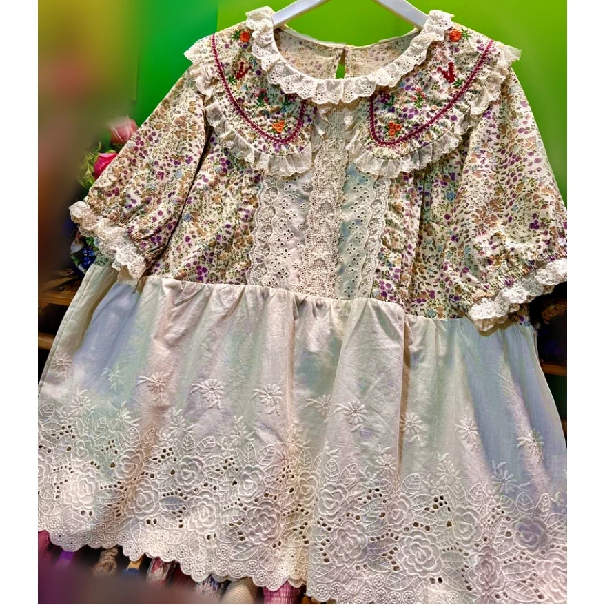 

Vintage Cotton Patchwork Eyelet Lace Mori Girl Sweet Blouse T-shirt for Women Cottage Core Lolita Japanese Harajuku Cute Tops