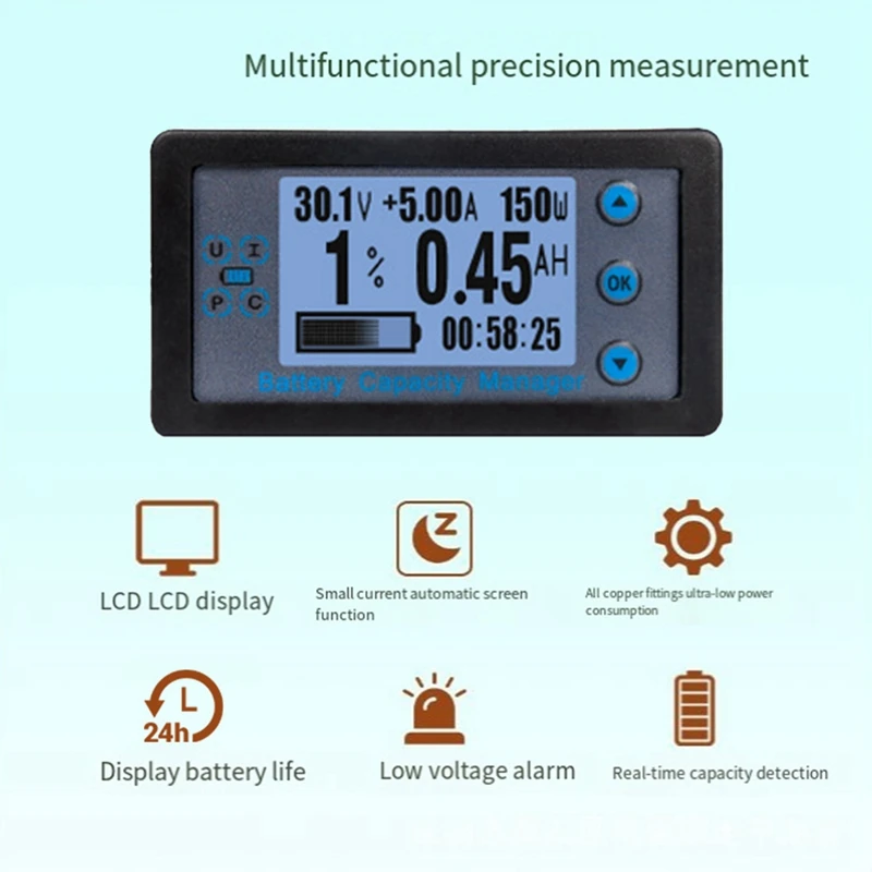 VA9510 Battery Capacity Manager LCD Digital Voltage Current Power Meter Battery Capacity Coulometer 120V 100A Easy To Use