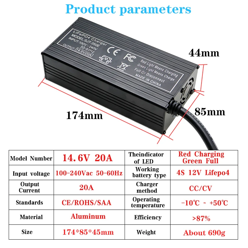 12V 12.8V 20A LiFePO4 Battery Charger AC100-240V With fan For 4S 14.6V 100Ah 200Ah Lithium iron Cell Fast charging Aluminum Case