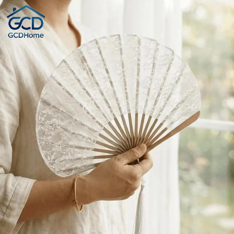 Lace Vintage Hand Fan With Tassel Pendant Handheld Embroidered Folding Fan White Delicate Hand Cranked Fan Photography Props