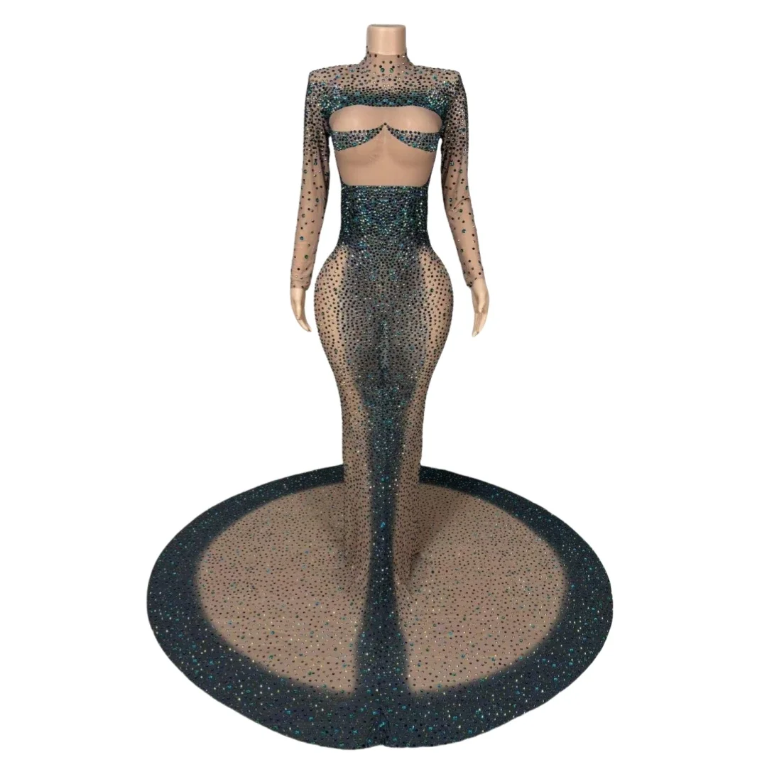 

Sparkly Hot Drilling Process Rhinestone Floor Length Dress For Women Mesh See Through Luxury Drag Queen Costume Singer Dancer