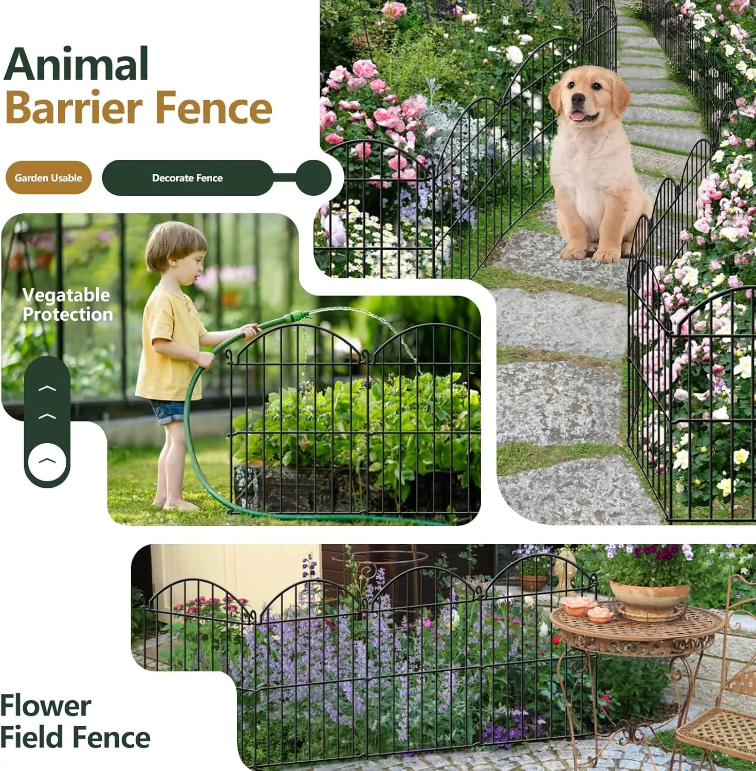 Recinzione da giardino in metallo antiruggine a 32 pannelli, barriera per animali da 34 piedi x 17 pollici per cani conigli, bordo decorativo per patio