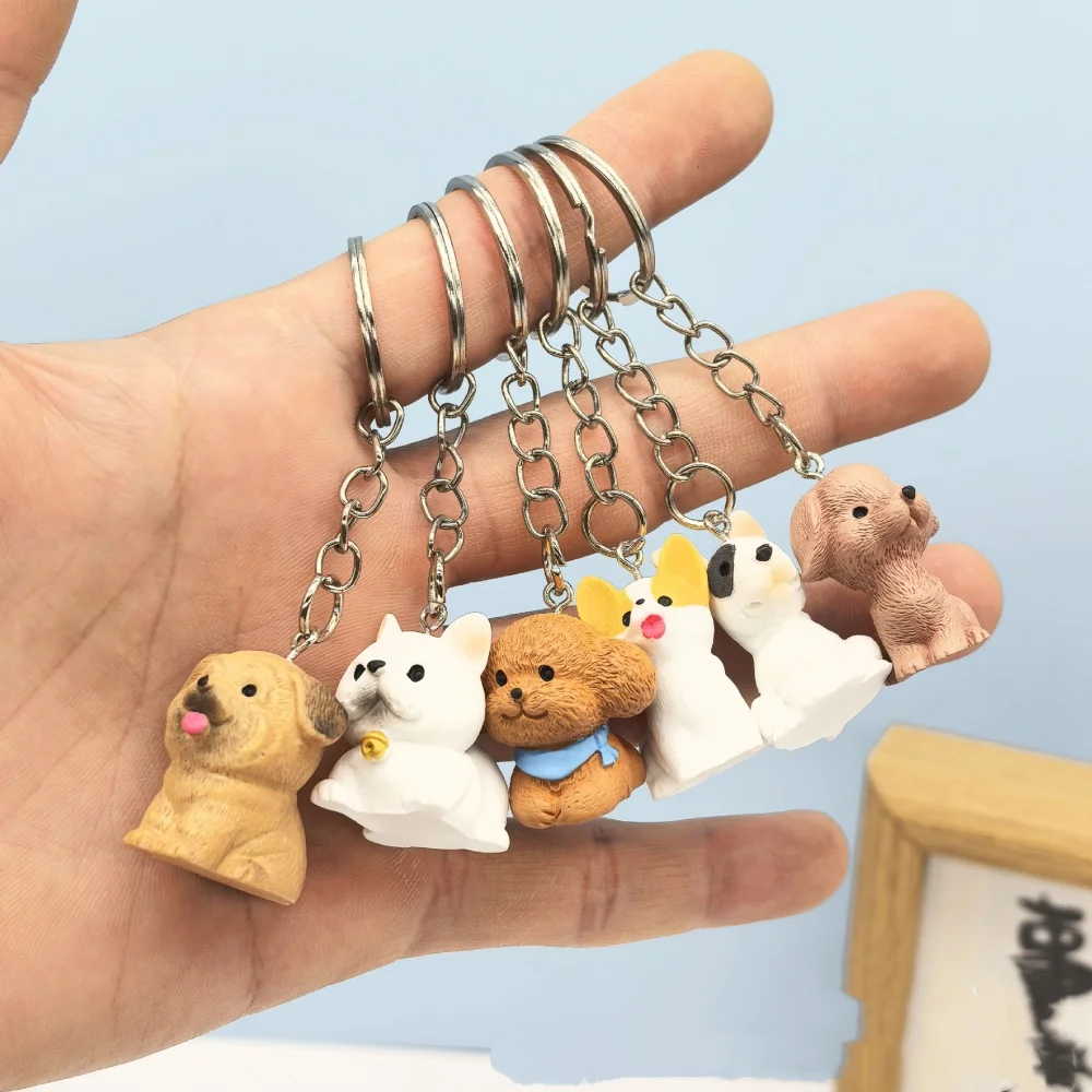 Cute Resin Dog Keychain 3D Simulation Animal Keyring Pendants Backpack Bag Ornament Decorative Accessories for Women Girls Gifts