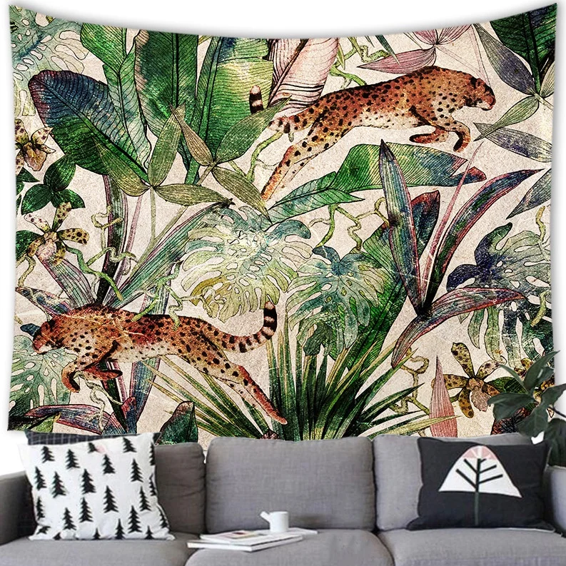 Home Decor Floral Tropical Jungle Fauna and Plant Leaves Tree Retro Style Tapestry Wall Hanging Room Poster Background Fabric