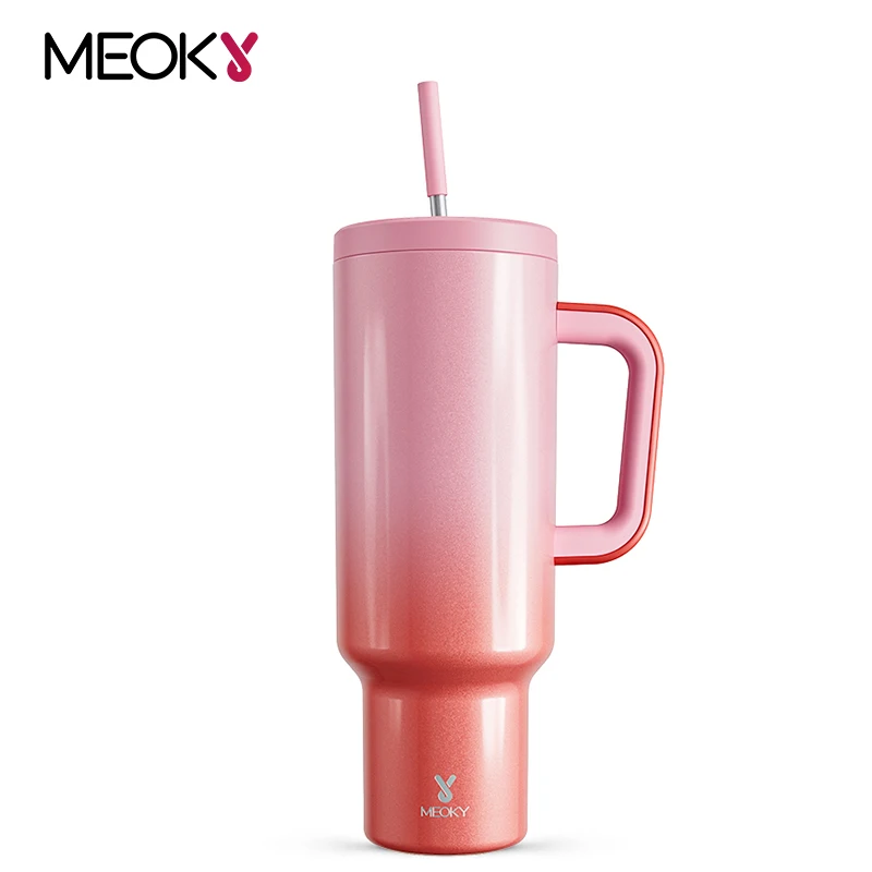 

Meoky Vacuum Insulated Tumbler Stainless Steel 50oz Coffee Hot Cup with Handle Straw Thermal Gradient Car Mug for Sports Tour