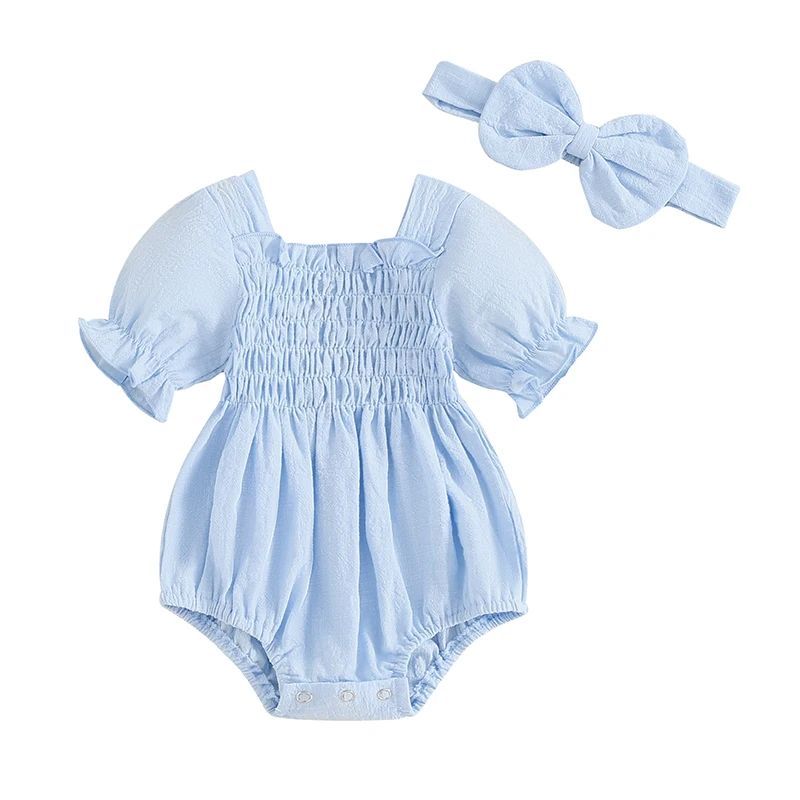 Infant Baby Girl Summer Romper Solid Color Puff Sleeve Ruffled Neckline Shirred Jumpsuit with Bow Headband