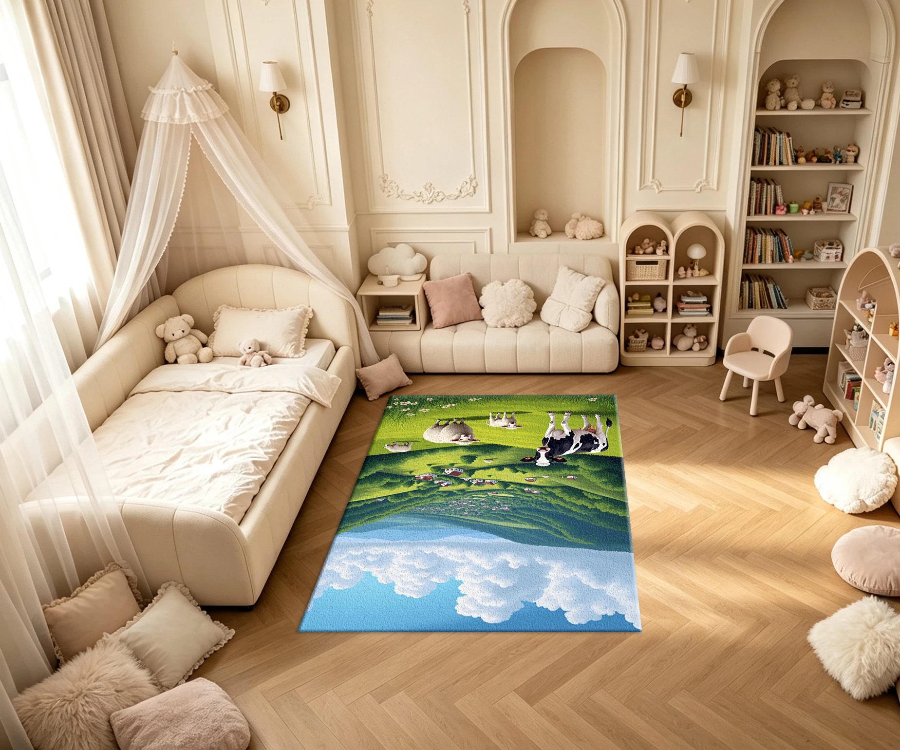 Cartoon Pasture Cow Sheep Mountain Landscape Carpet Flooring Countryside Scenery Printed Square Area Rug for Home Interior Decoration