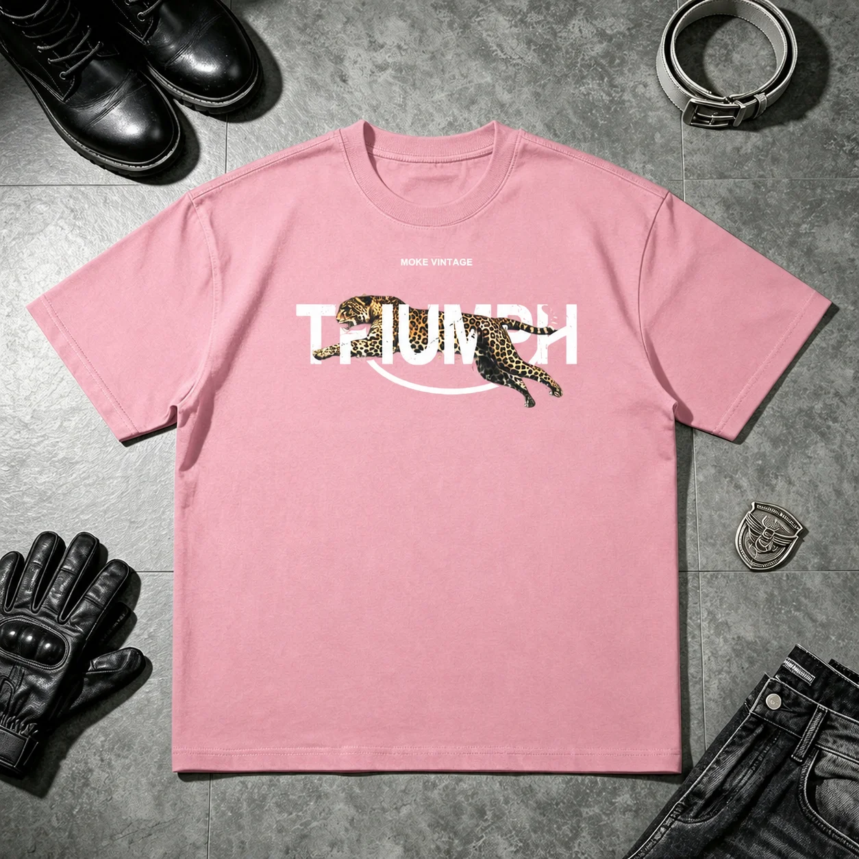 Amerikanische Motorrad-Ästhetik Triumph Leopardenmuster Atmungsaktives Baumwoll-Unisex-T-Shirt mit Rundhalsausschnitt und kurzen Ärmeln – Detail 7