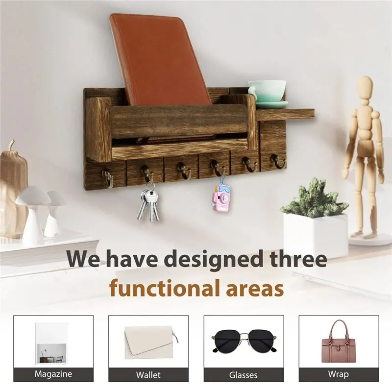 A53Q-Mail Organizer For Wall Mount Includes Shelf, Key Holder, Letter Holder, Hooks For Wall Mount