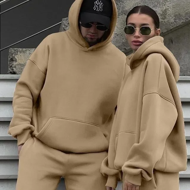 Fall and winter couple's fleece-lined hooded set, men's warm casual long-sleeve pants for outdoor sports wear