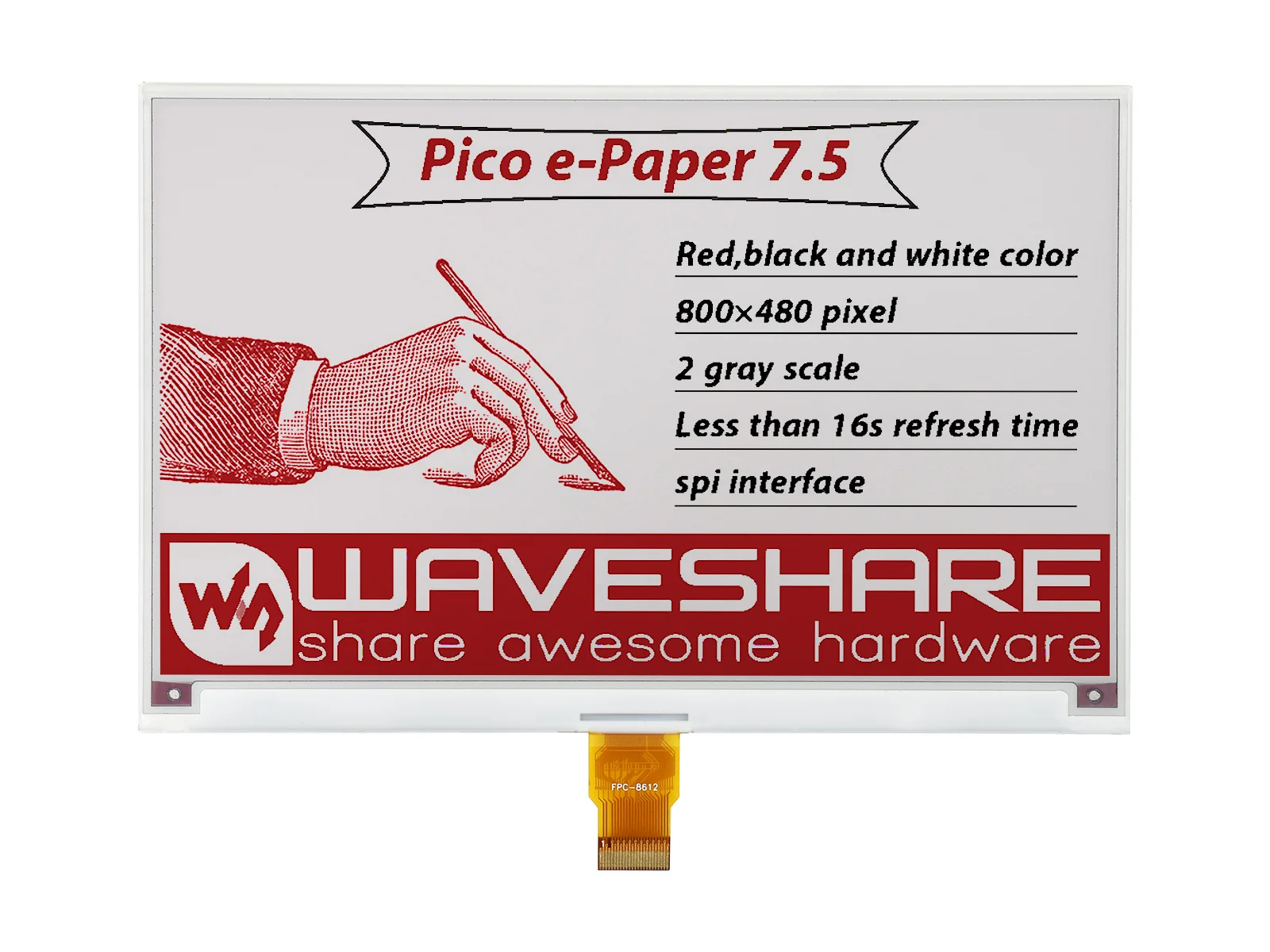 Módulo de exibição de tinta eletrônica de papel eletrônico Waveshare de 7,5 polegadas (B) para Raspberry Pi Pico, 800 × 480, vermelho / preto / branco, SPI