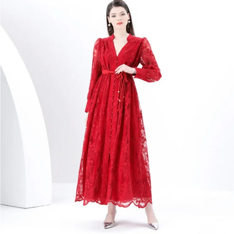 

Luxury High-end Women Clothing Dress Spring Fitted Waist Embroidery V-neck Bell Sleeves Long Sleeves Single-breasted Long Dress