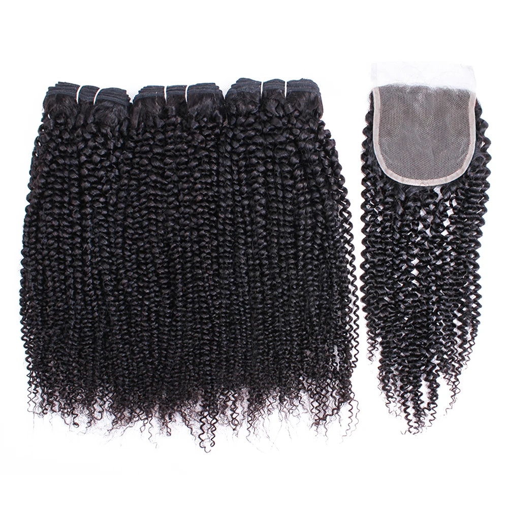 Gemlong 3 Bundles With 4*4 Lace Closure Kinky Curly Remy Indian Human Hair Extension 4x4 Lace Tangle Free Afro Weaving 300g/lot