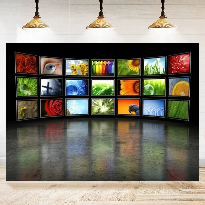 

Фон для фотосъемки с телевизионным экраном для фотографий, потоковая видеокамера для ТВ, интерьер медиа-зала, украшенный фотофон