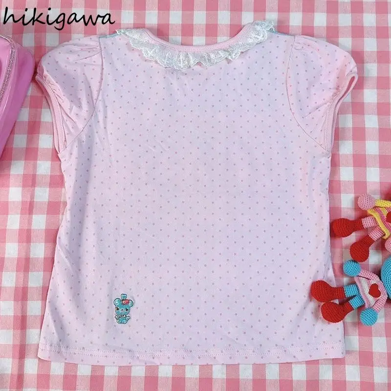 الحلو Y2k تي شيرت المرأة موضة اليابانية لطيف الصيف تيز المحاصيل القمم 2025 Ropa Mujer عادية المرقعة الدانتيل الكرتون التي شيرت 27w699