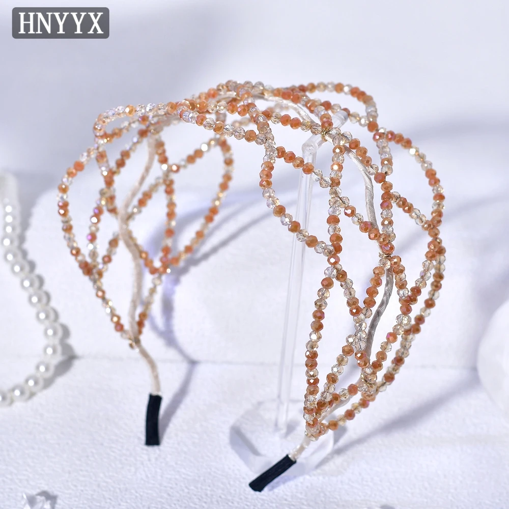 

HNYYX Handmade Beaded Headband Amber Crystal Hairband Headpiece Mesh Braided Headdress Luxury Girl Hair Accessories A346